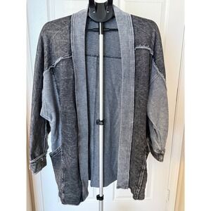Blue B Collection Acid Wash Open Front Patchwork Cardigan w/ Pockets Grey Large